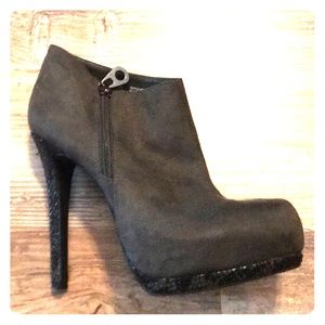 Grey suede and snake skin 5in heel bootie